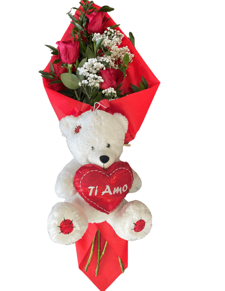 Mazzo di Tre Rose Rosse e Orso con Cuore TI AMO